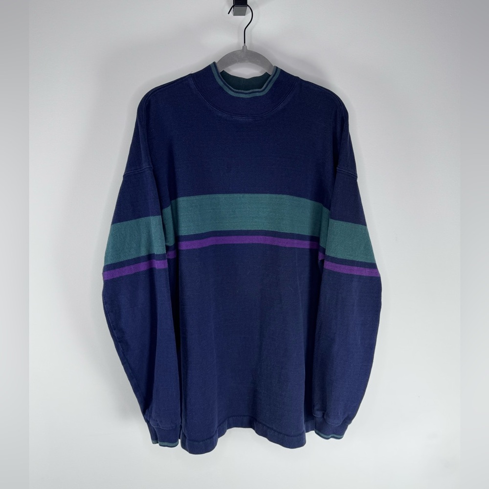 VINTAGE L.L. Bean Navy Crewneck Sweater with Teal and Purple Stripes